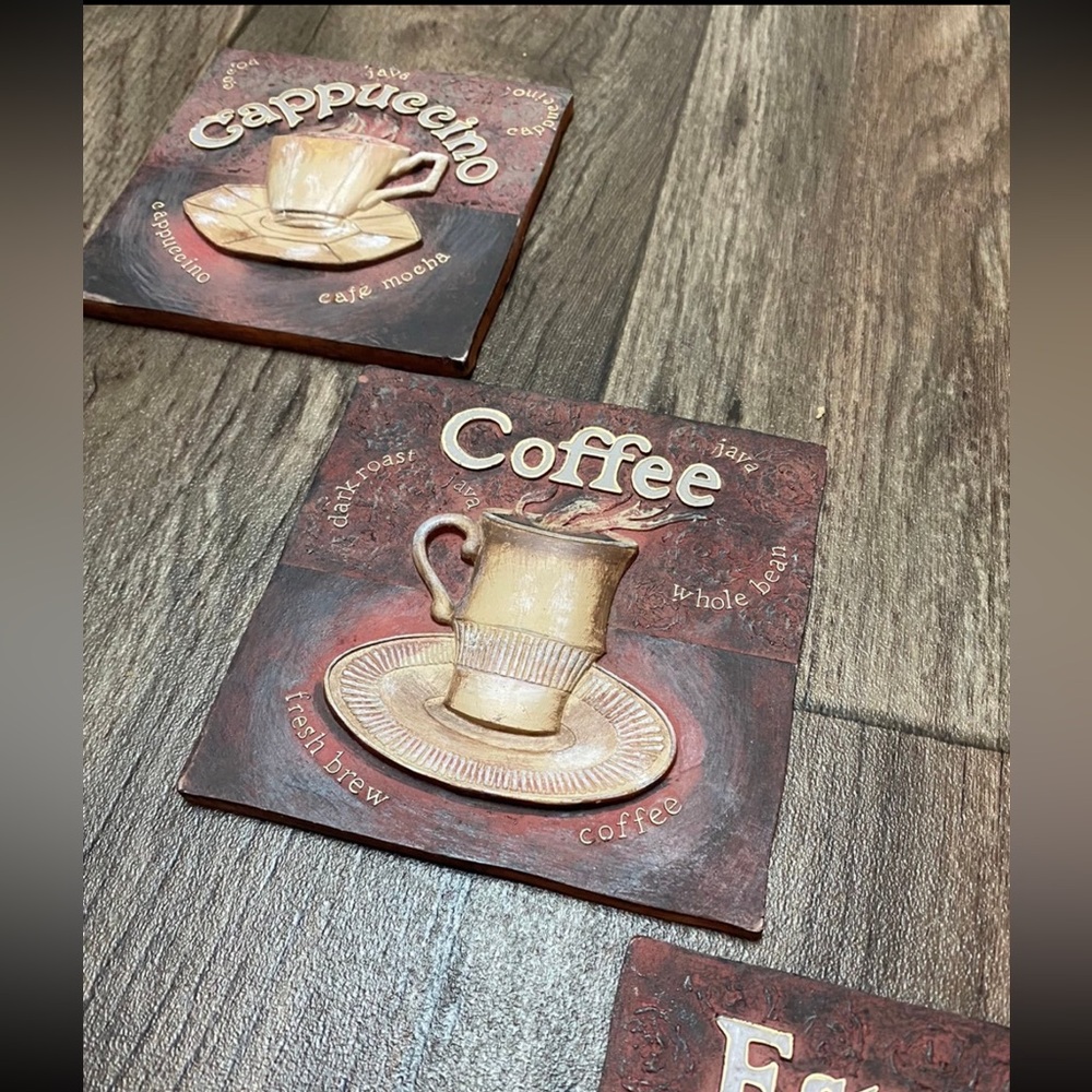 Rustic Coffee Bistro Wall Art Tiles | Espresso Cappuccino Decor (Set of 3) - Picture 4 of 5